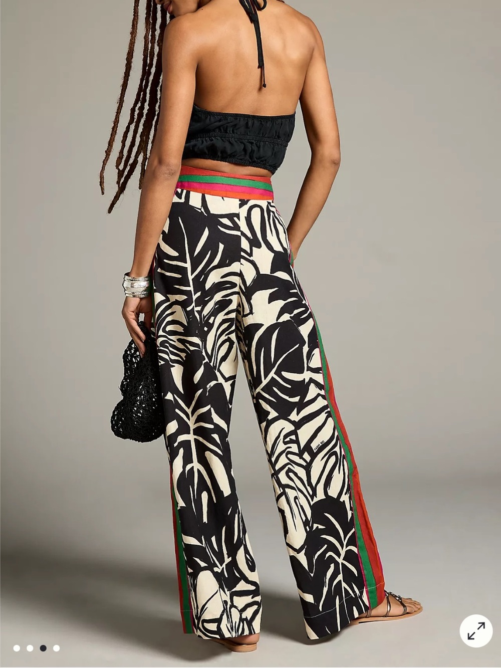 FARM Rio Black Halter Top with Cream & Black Palm Wide-Leg Pants - Picture 2 of 6
